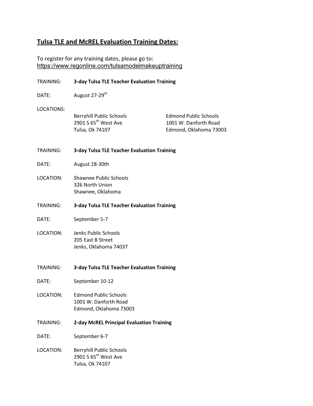 Tulsa TLE and Mcrel Evaluation Training Dates