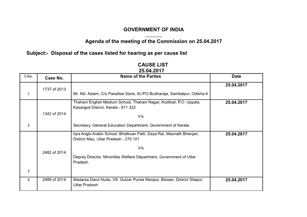 GOVERNMENT of INDIA ………. Agenda of the Meeting of the Commission on 25.04.2017