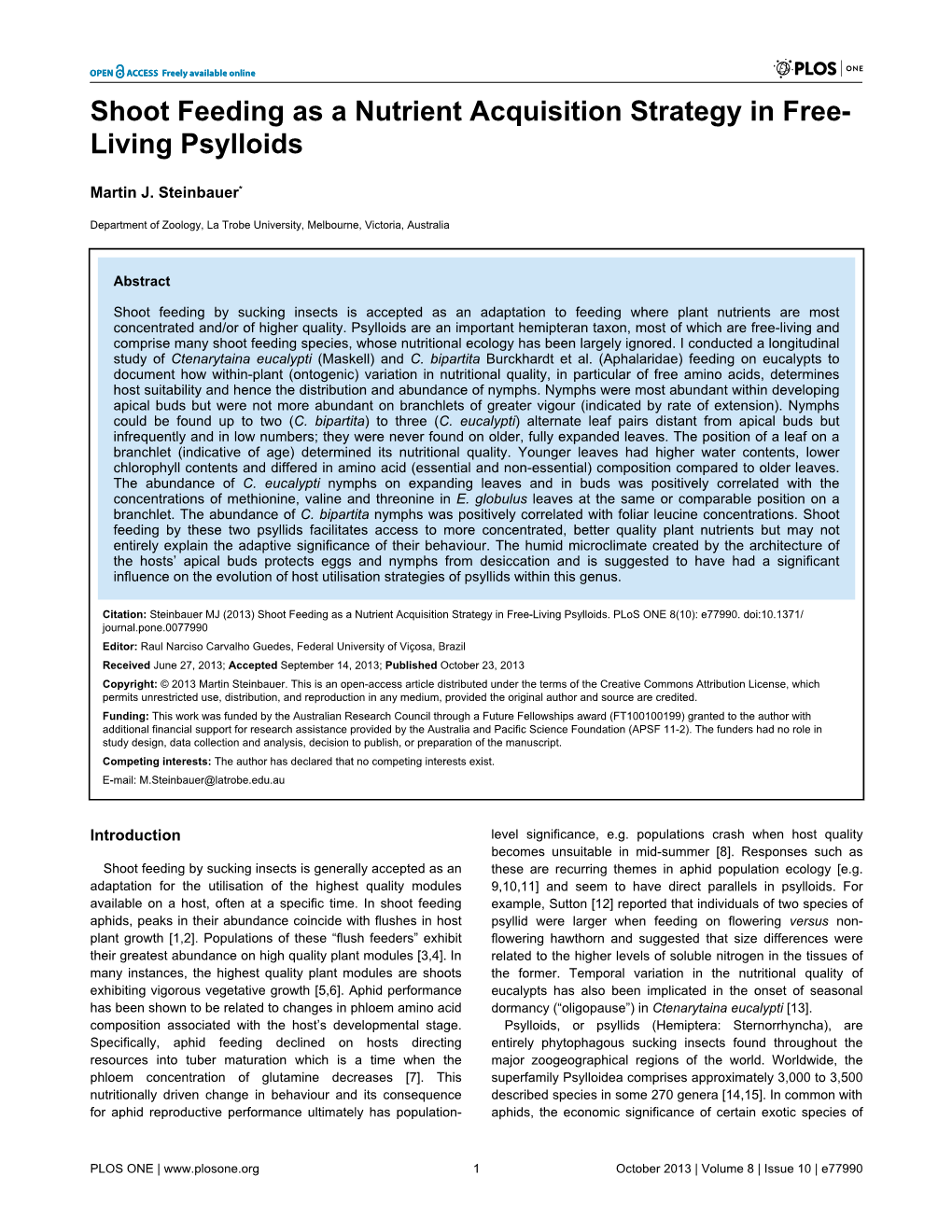 Shoot Feeding As a Nutrient Acquisition Strategy in Free- Living Psylloids