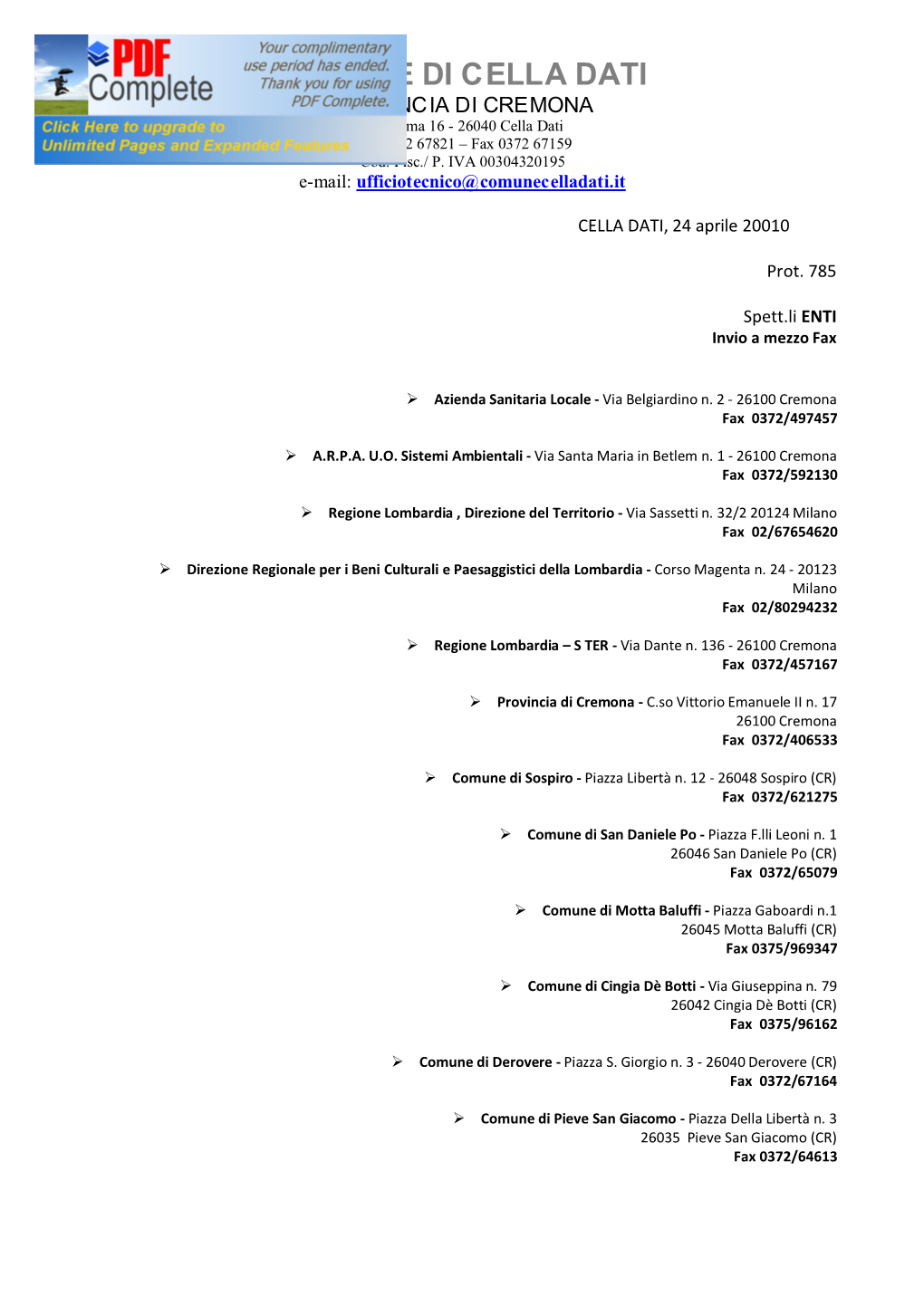 COMUNE DI CELLA DATI PROVINCIA DI CREMONA Via Roma 16 - 26040 Cella Dati Tel