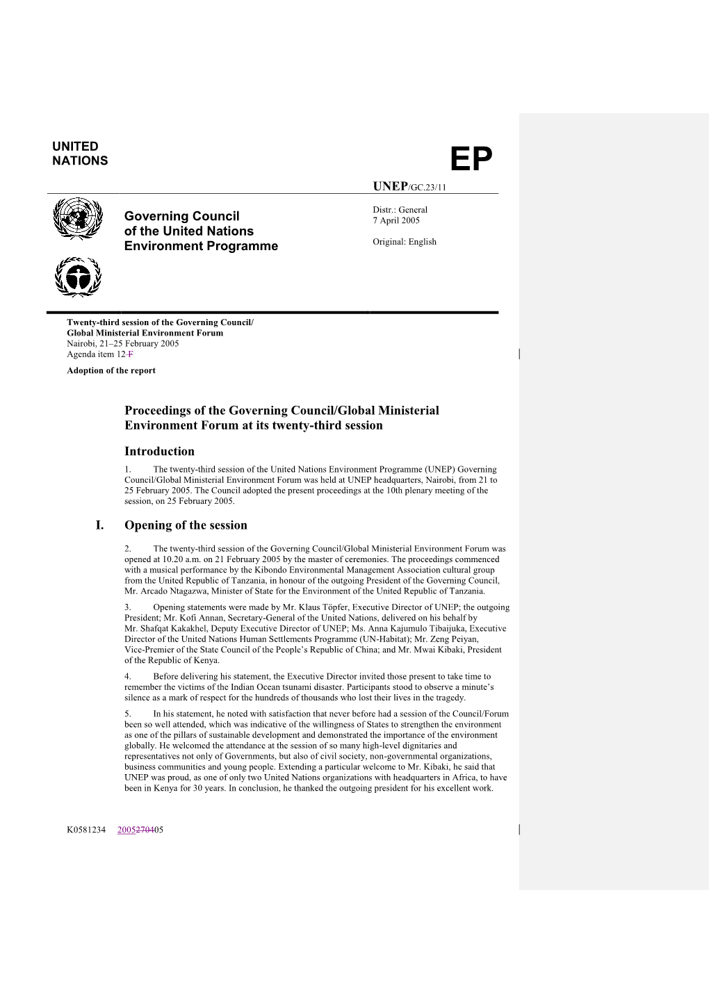 Governing Council of the United Nations Environment Programme Proceedings of the Governing Council/Global Ministerial Environme