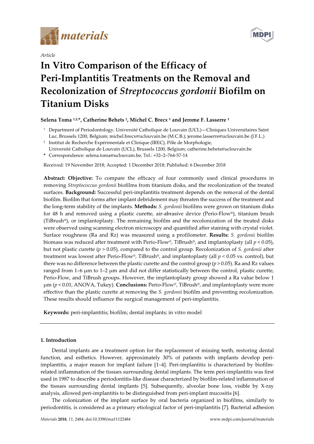 In Vitro Comparison of the Efficacy of Peri-Implantitis Treatments on the Removal and Recolonization of Streptococcus Gordonii Biofilm on Titanium Disks