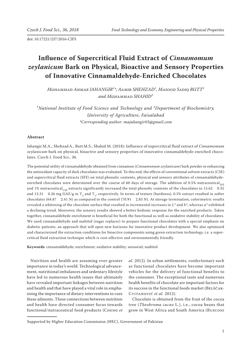 Influence of Supercritical Fluid Extract of Cinnamomum Zeylanicum Bark on Physical, Bioactive and Sensory Properties of Innovative Cinnamaldehyde-Enriched Chocolates