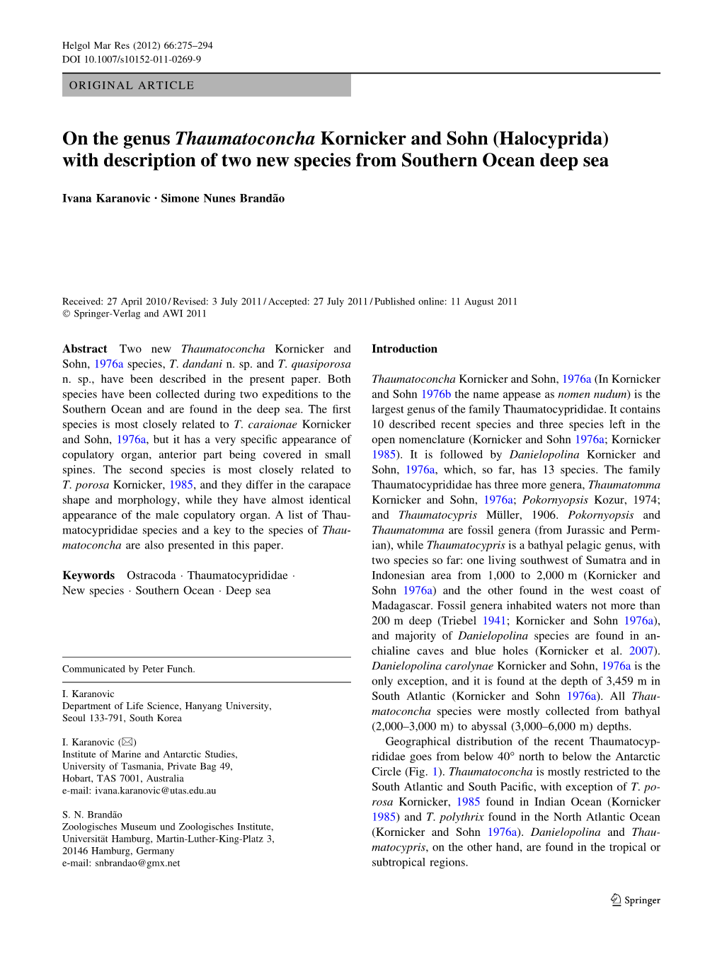 On the Genus Thaumatoconcha Kornicker and Sohn (Halocyprida) with Description of Two New Species from Southern Ocean Deep Sea