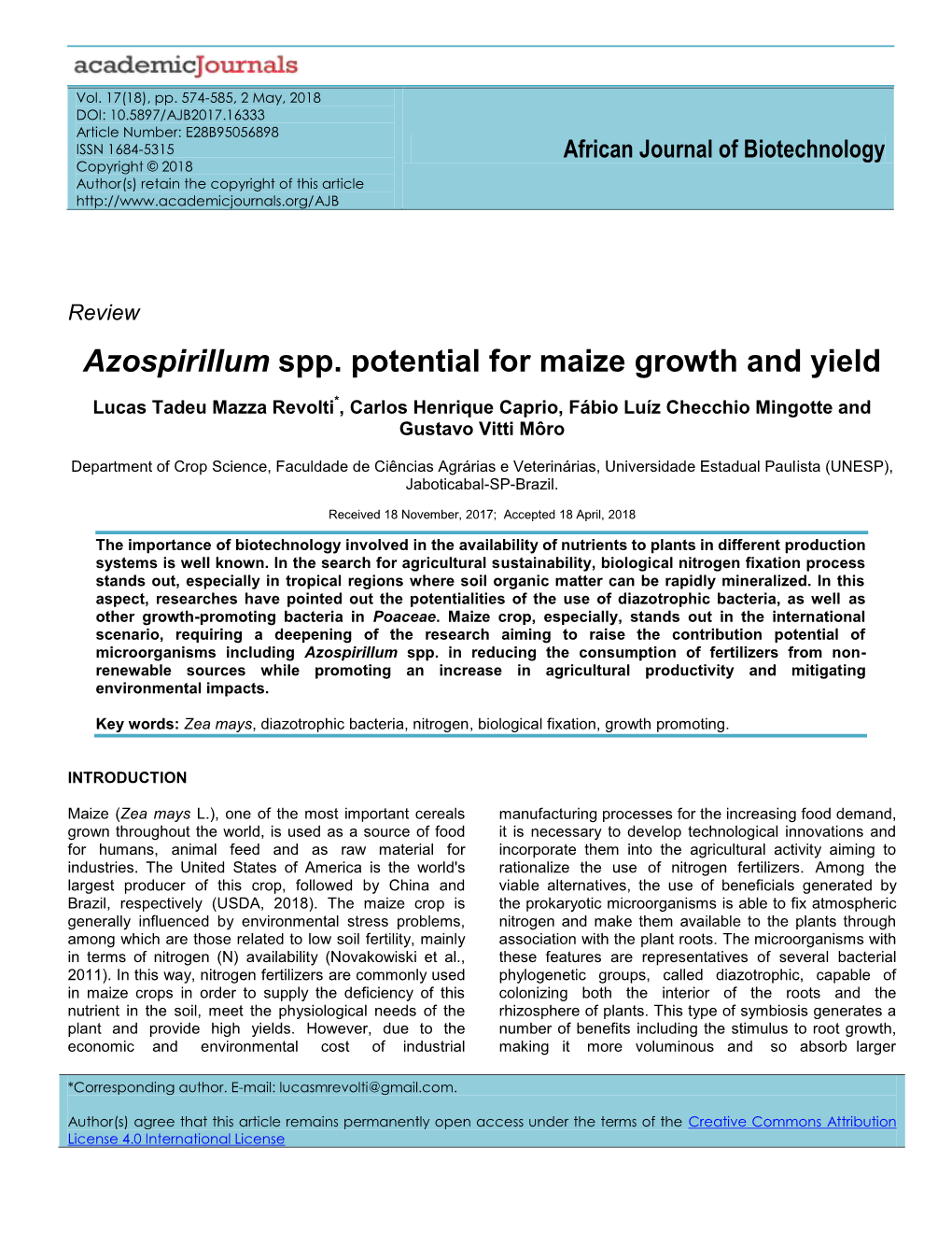 Azospirillum Spp. Potential for Maize Growth and Yield