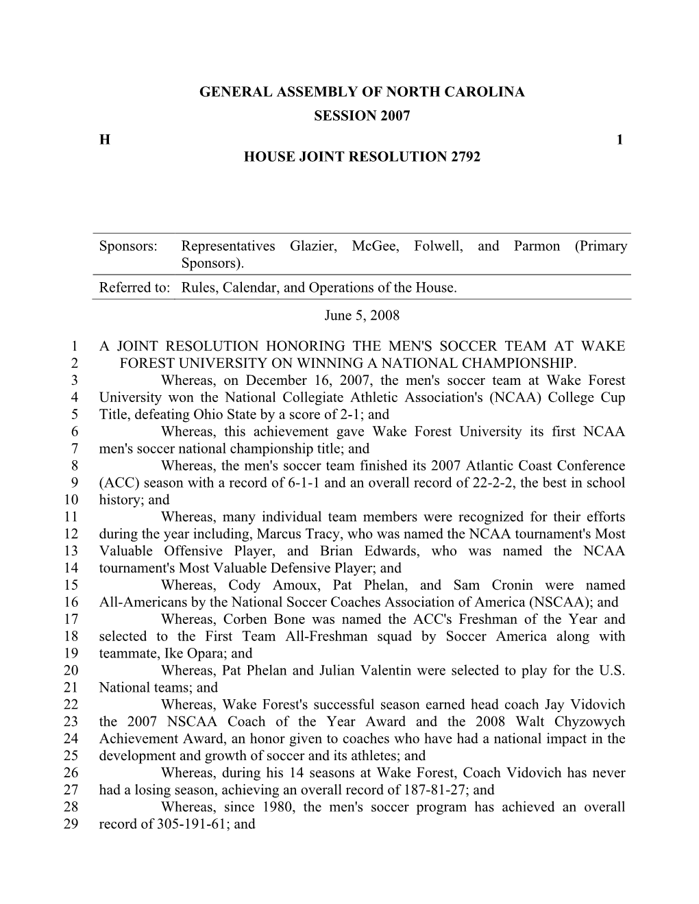 General Assembly of North Carolina Session 2007 H 1 House Joint Resolution 2792