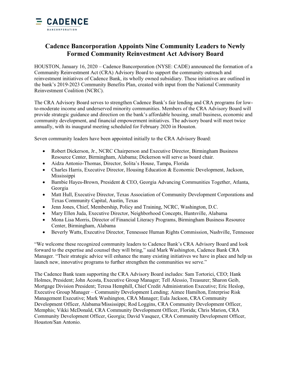 Cadence Bancorporation Appoints Nine Community Leaders to Newly Formed Community Reinvestment Act Advisory Board