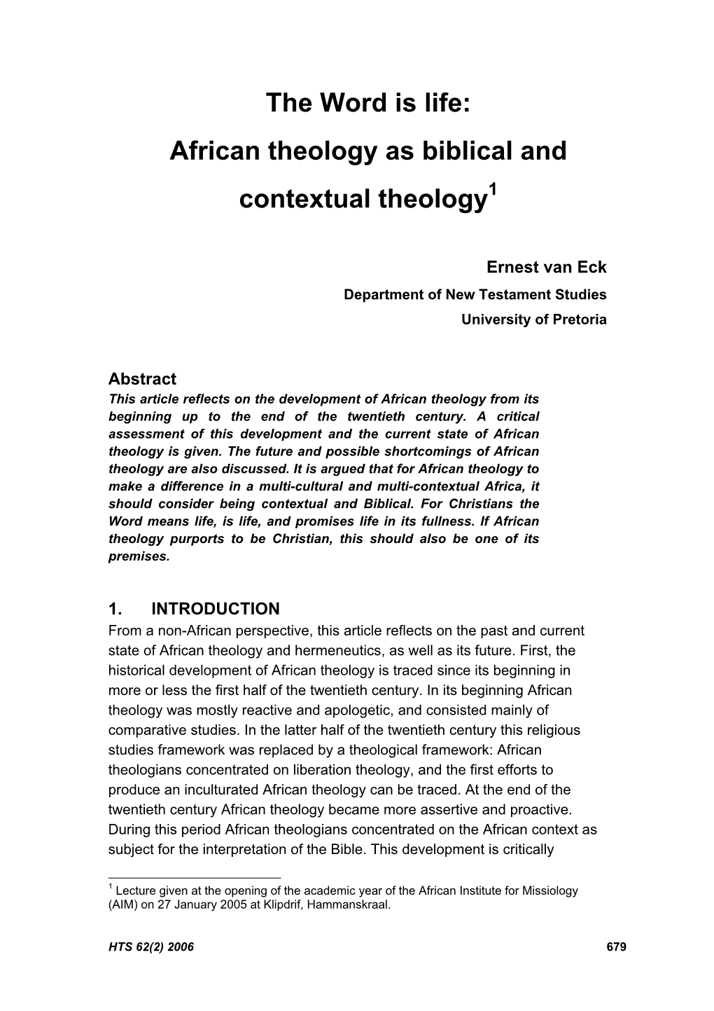 African Theology As Biblical and Contextual Theology1
