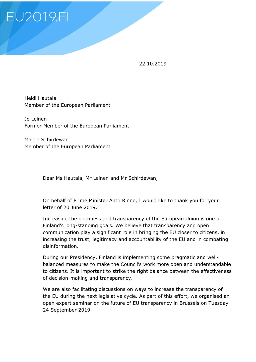 22.10.2019 Heidi Hautala Member of the European Parliament Jo Leinen