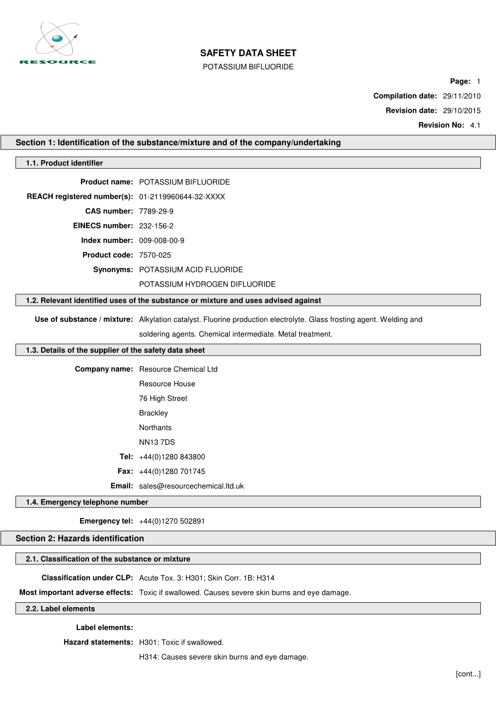 Potassium Bifluoride Safety Data