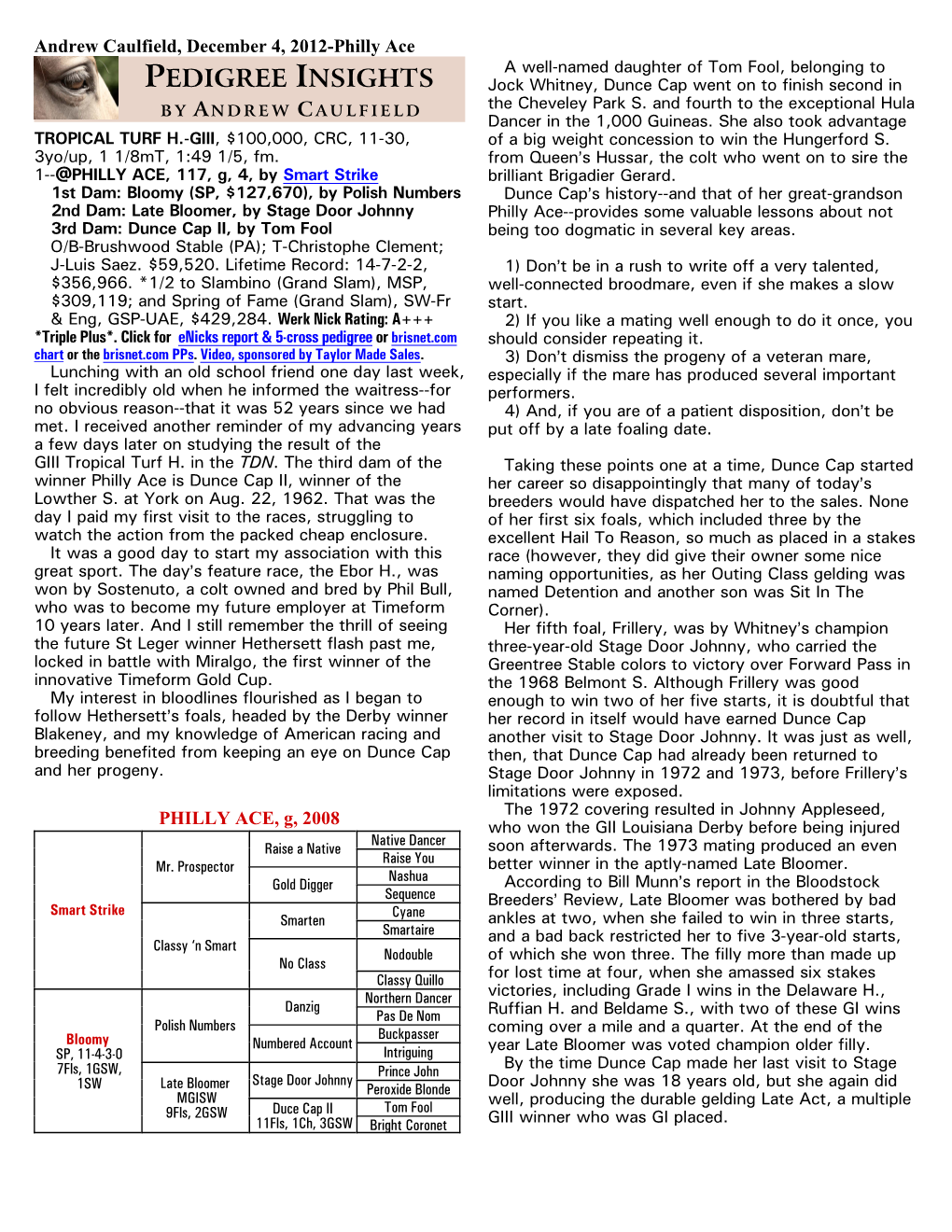 PEDIGREE INSIGHTS Jock Whitney, Dunce Cap Went on to Finish Second in B Y a N D R E W C a U L F I E L D the Cheveley Park S