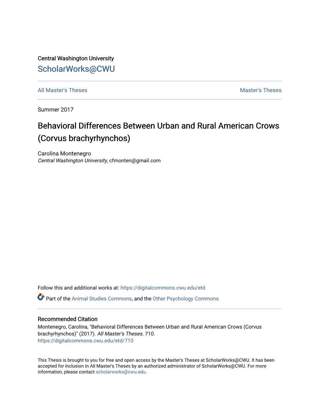 Behavioral Differences Between Urban and Rural American Crows (Corvus Brachyrhynchos)