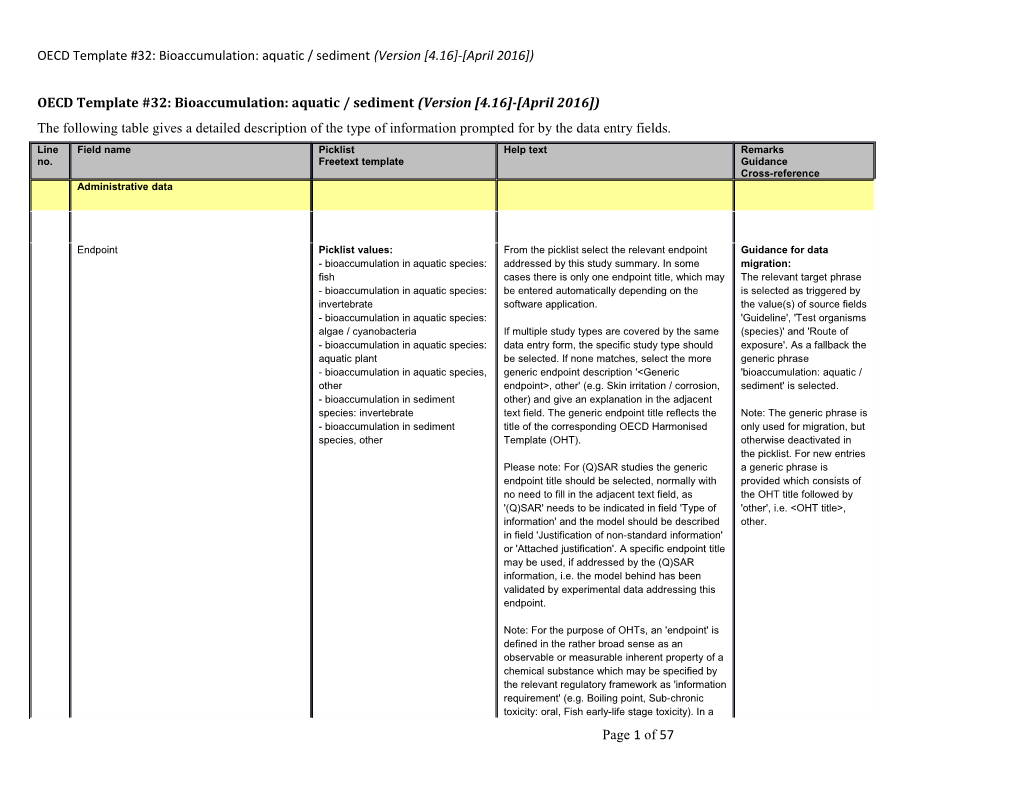 OECD Template #32: Bioaccumulation: Aquatic / Sediment (Version 4.16 - April 2016 )