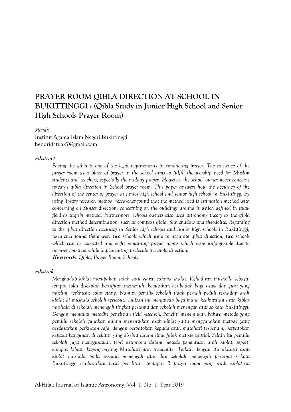 PRAYER ROOM QIBLA DIRECTION at SCHOOL in BUKITTINGGI : (Qibla Study in Junior High School and Senior High Schools Prayer Room)