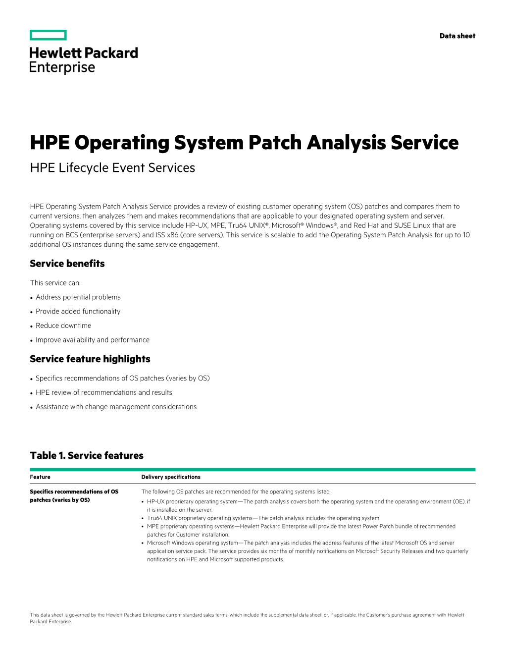 HPE Operating System Patch Analysis Service HPE Lifecycle Event Services