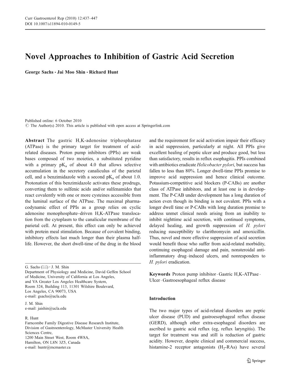 Novel Approaches to Inhibition of Gastric Acid Secretion