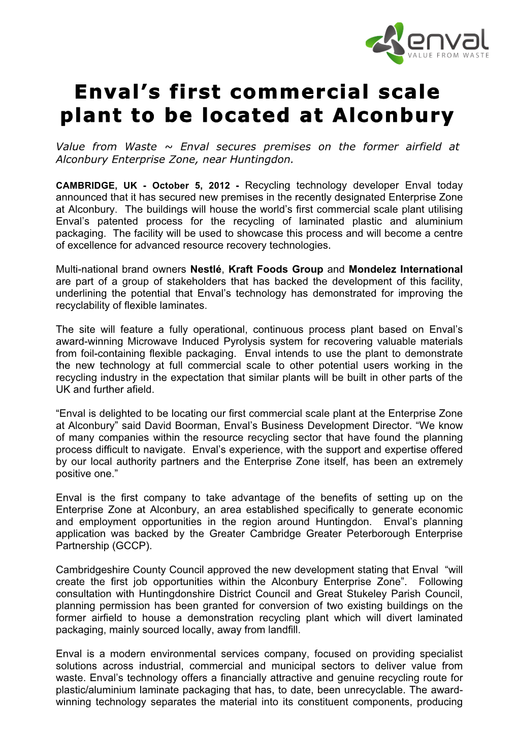 Enval's First Commercial Scale Plant to Be Located at Alconbury