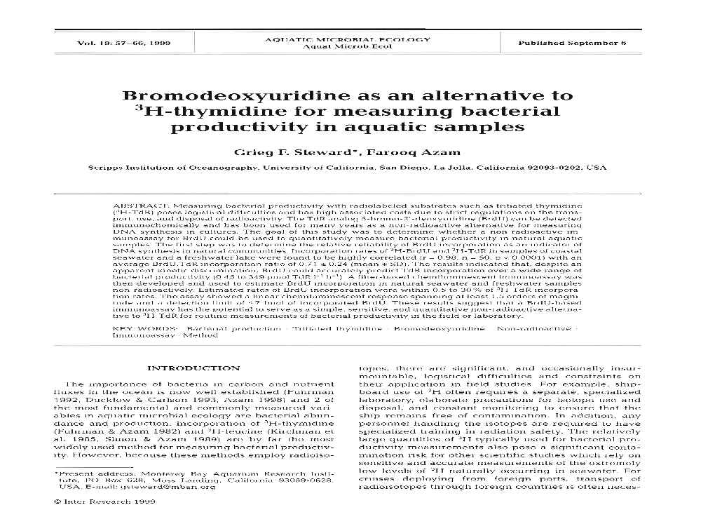 Bromodeoxyuridine As an Alternative to 3~-Thymidine for Measuring Bacterial Productivity in Aquatic Samples