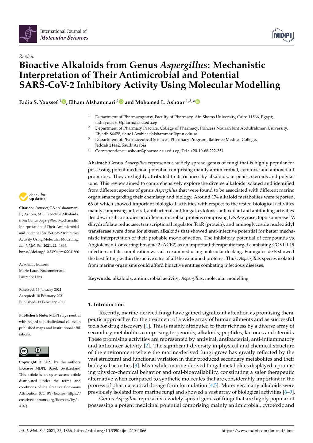 Bioactive Alkaloids from Genus Aspergillus: Mechanistic Interpretation of Their Antimicrobial and Potential SARS-Cov-2 Inhibitory Activity Using Molecular Modelling