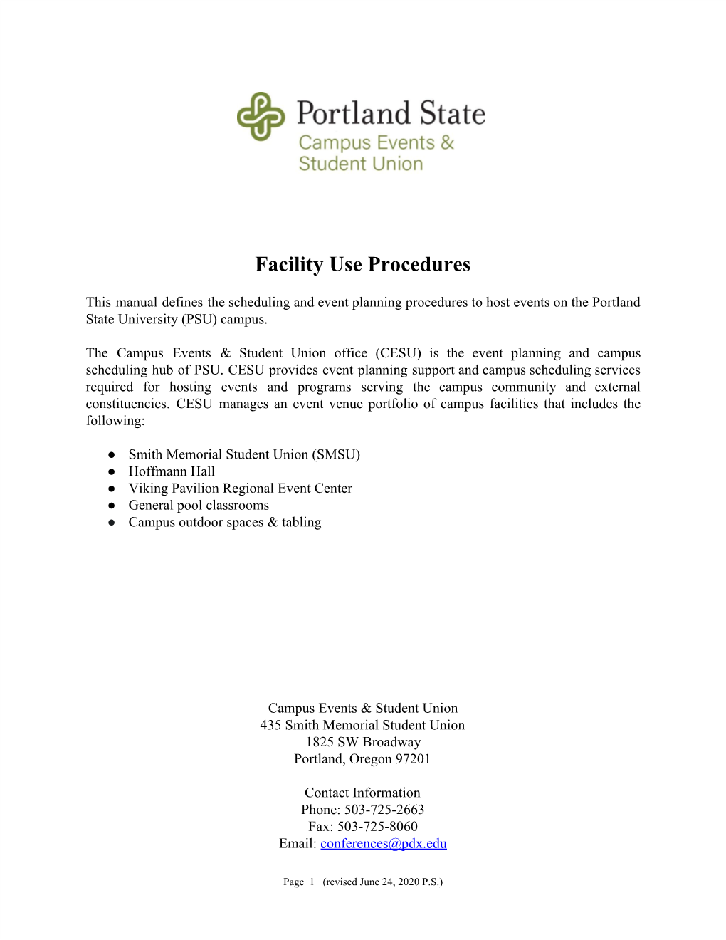 Facilities Use Agreement Portland State Campus Events Student Union
