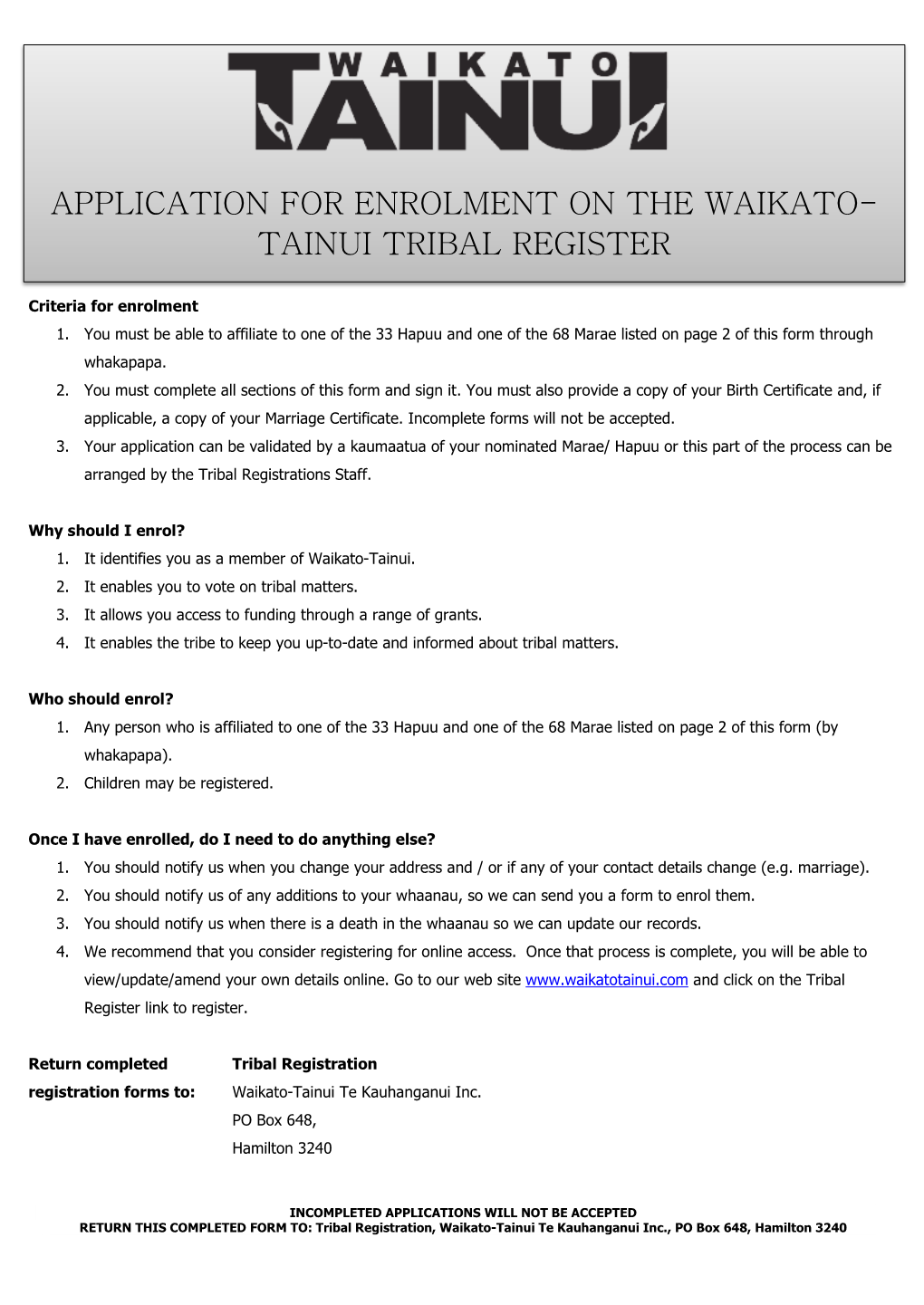 Application for Enrolment on the Waikato- Tainui Tribal Register