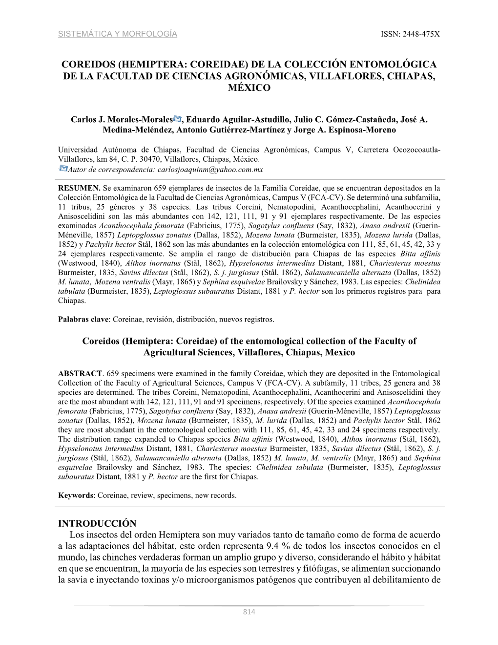 Coreidos (Hemiptera: Coreidae) De La Colección Entomológica De La Facultad De Ciencias Agronómicas, Villaflores, Chiapas, México