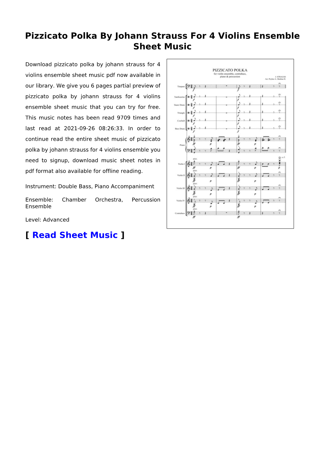 Pizzicato Polka by Johann Strauss for 4 Violins Ensemble Sheet Music