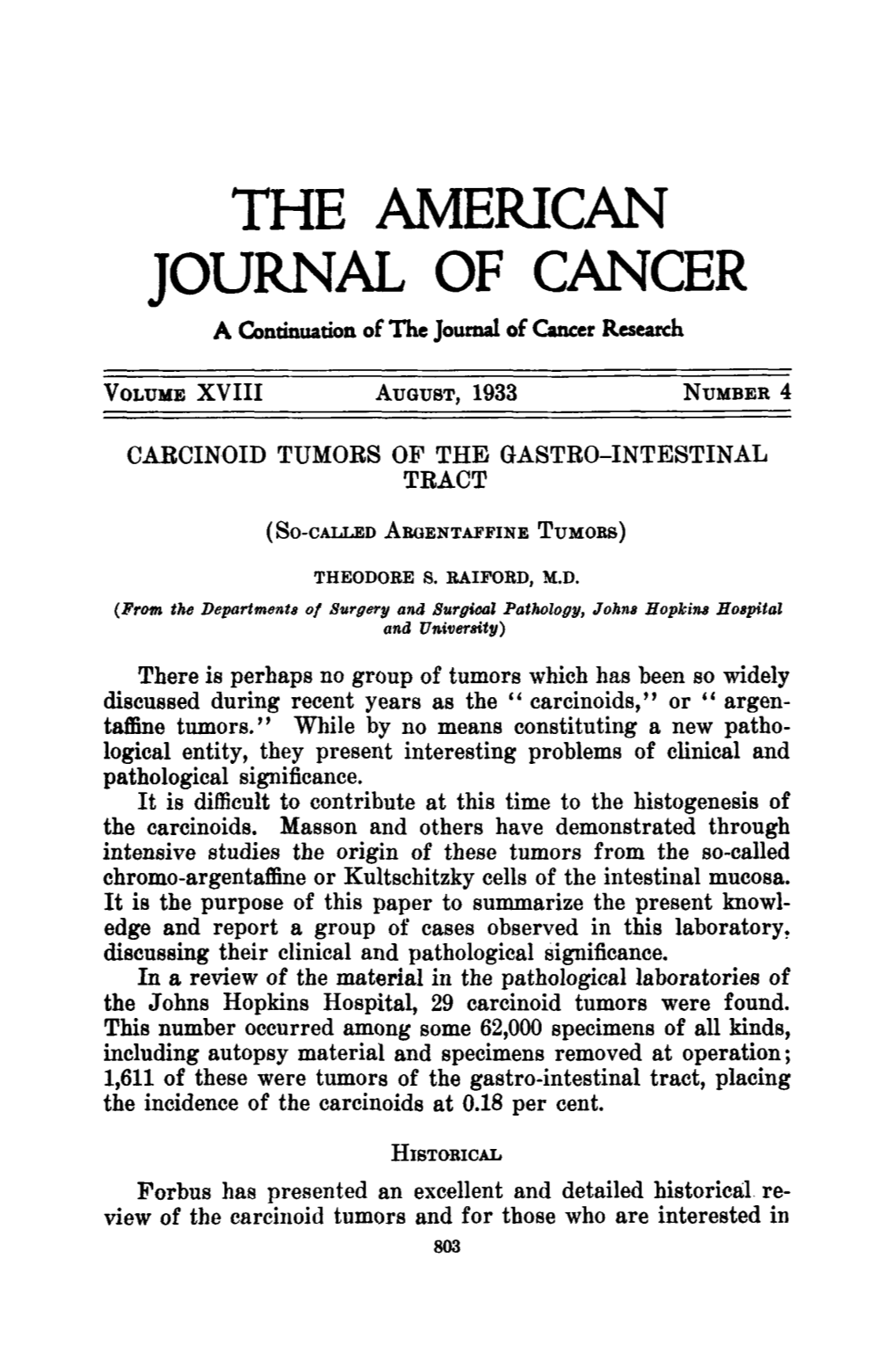 THE AMERICAN JOURNAL of CANCER a Continuation of the Journal of Cancer Research