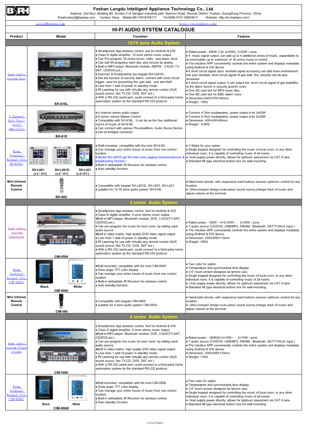 HI-FI AUDIO SYSTEM CATALOGUE Product Model Function Feature 12/16 Zone Audio System