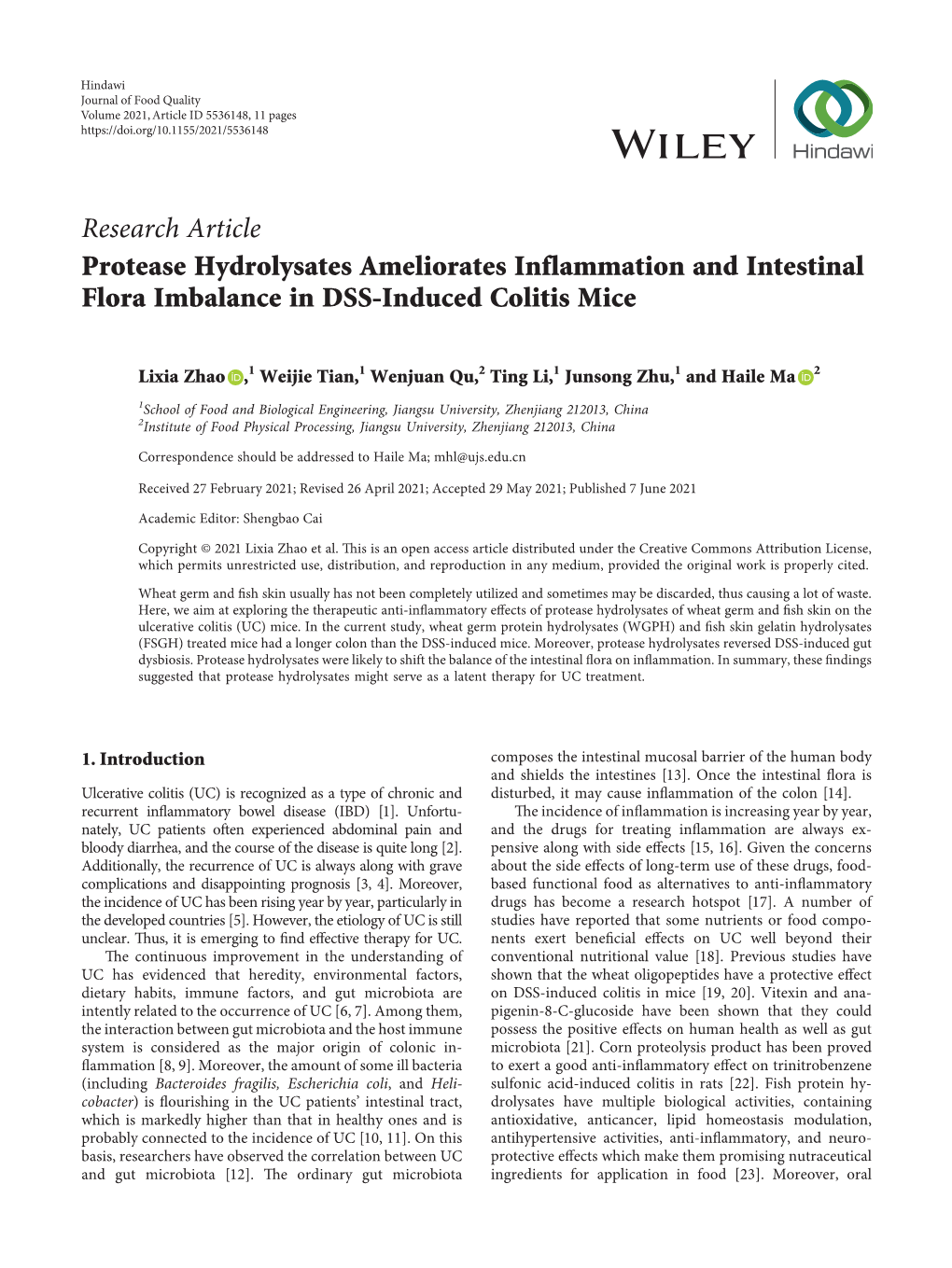 Research Article Protease Hydrolysates Ameliorates Inflammation and Intestinal Flora Imbalance in DSS-Induced Colitis Mice