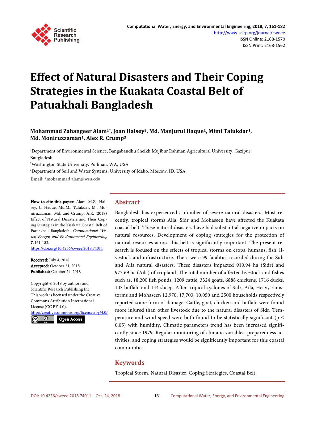 Effect of Natural Disasters and Their Coping Strategies in the Kuakata Coastal Belt of Patuakhali Bangladesh