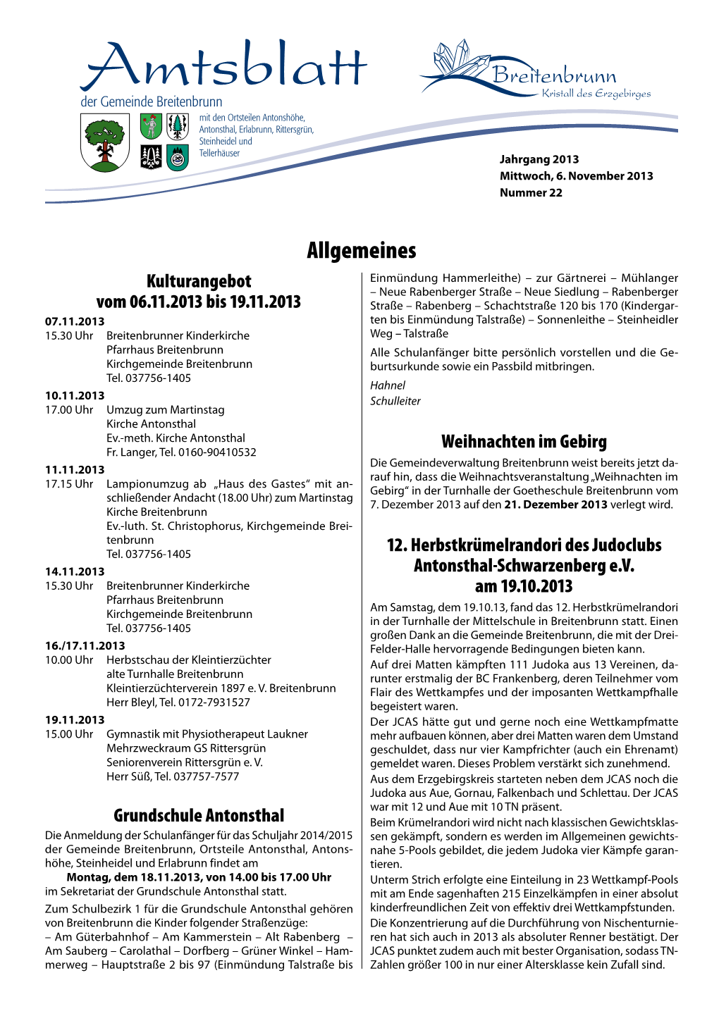 Amtsblatt Der Gemeinde Breitenbrunn Mit Den Ortsteilen Antonshöhe, Antonsthal, Erlabrunn, Rittersgrün, Steinheidel Und Tellerhäuser Jahrgang 2013 Mittwoch, 6