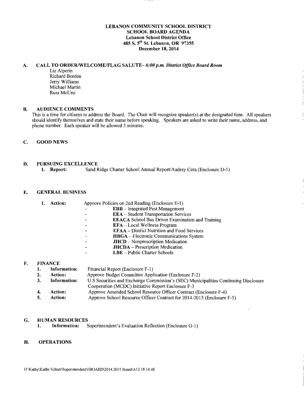 BOARD AGENDA Lebanon School District Office 485 S