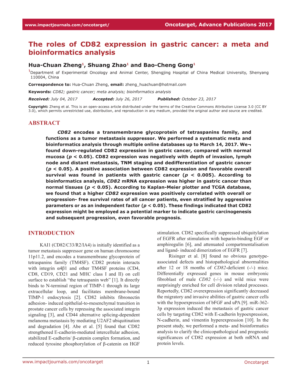 The Roles of CD82 Expression in Gastric Cancer: a Meta and Bioinformatics Analysis