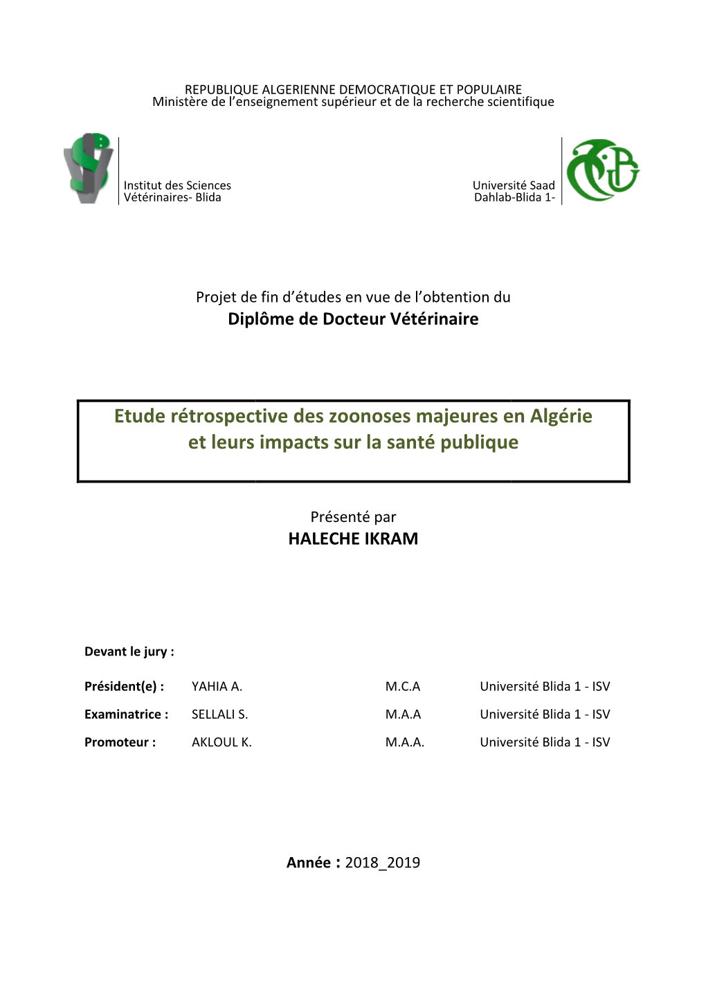 Etude Rétrospective Des Zoon Et Leurs Impacts Sur E Rétrospective Des Zoonoses Majeures En Algérie Et Leurs Impacts Sur La Sa