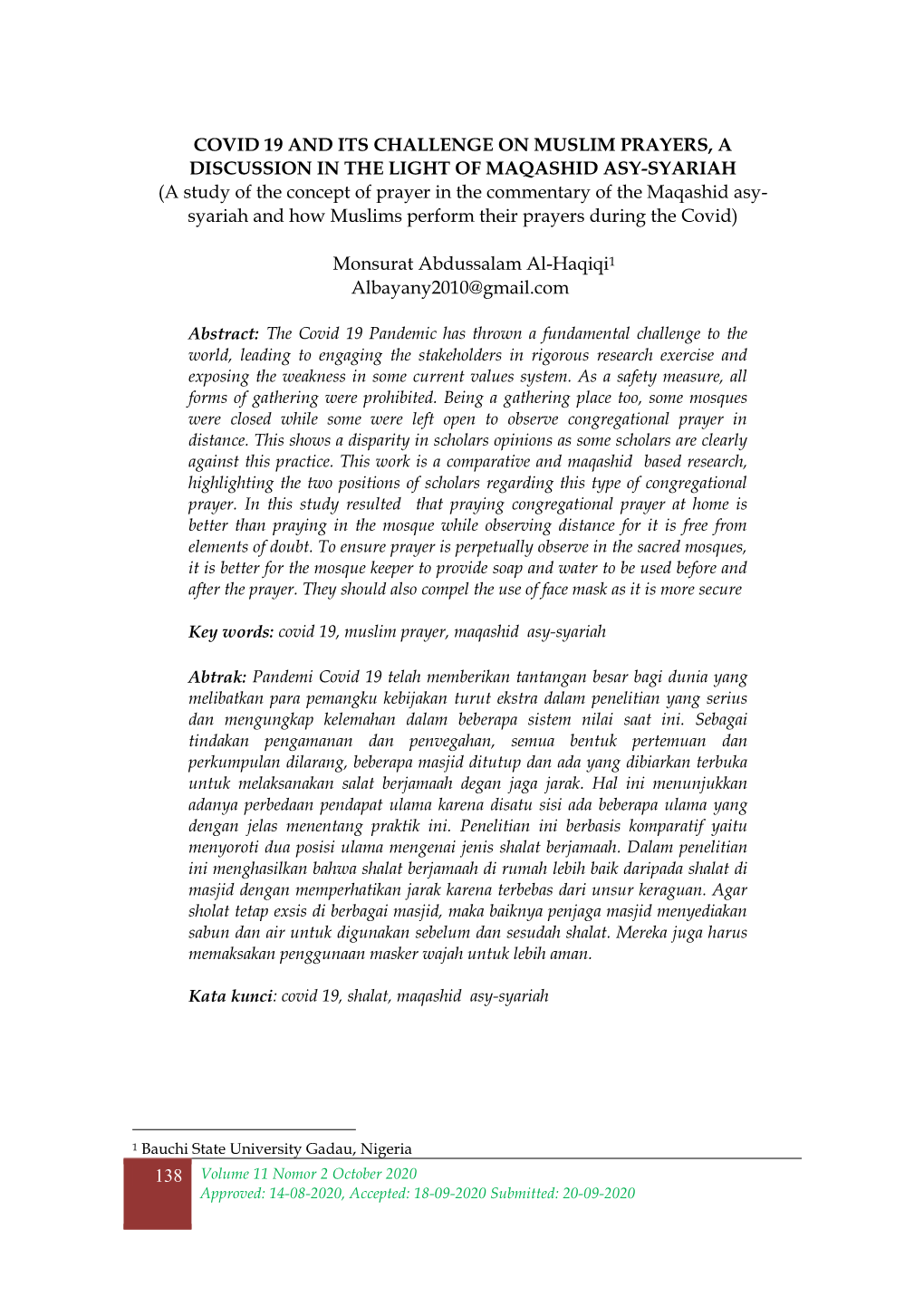 COVID 19 and ITS CHALLENGE on MUSLIM PRAYERS, a DISCUSSION in the LIGHT of MAQASHID ASY-SYARIAH (A Study of the Concept of Praye