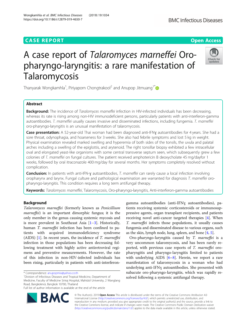 A Case Report of Talaromyces Marneffei Oro-Pharyngo-Laryngitis