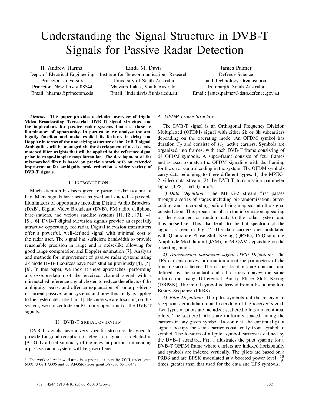 Understanding the Signal Structure in DVB-T Signals for Passive Radar Detection