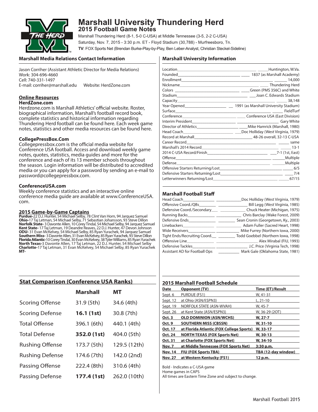 Marshall University Thundering Herd 2015 Football Game Notes Marshall Thundering Herd (8-1, 5-0 C-USA) at Middle Tennessee (3-5, 2-2 C-USA) Saturday, Nov