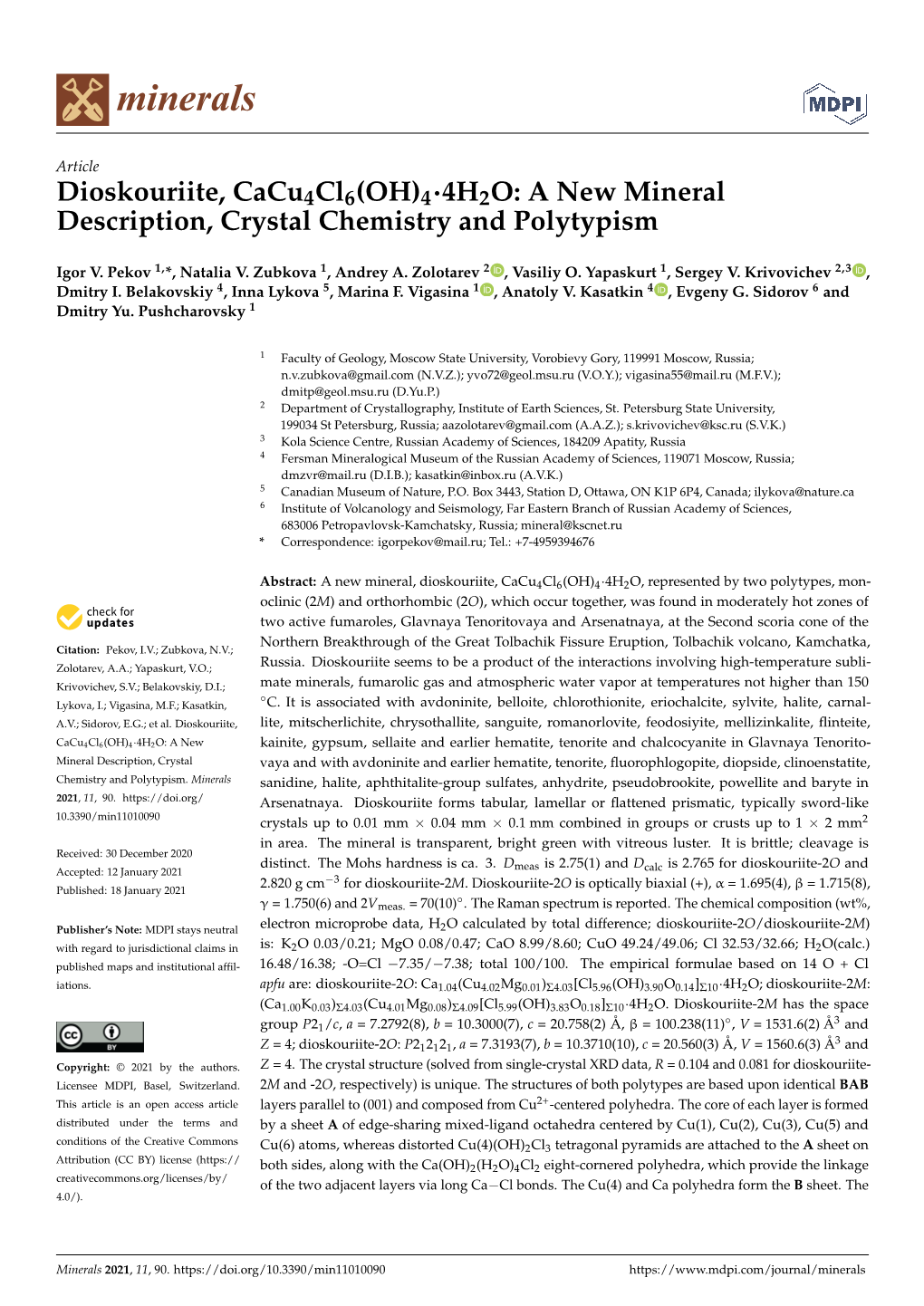 Dioskouriite, Cacu4cl6(OH)44H2O: a New Mineral Description, Crystal