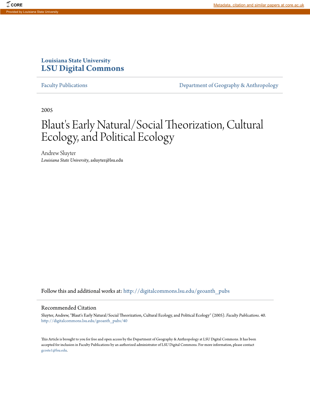 Blaut's Early Natural/Social Theorization, Cultural Ecology, and Political Ecology Andrew Sluyter Louisiana State University, Asluyter@Lsu.Edu