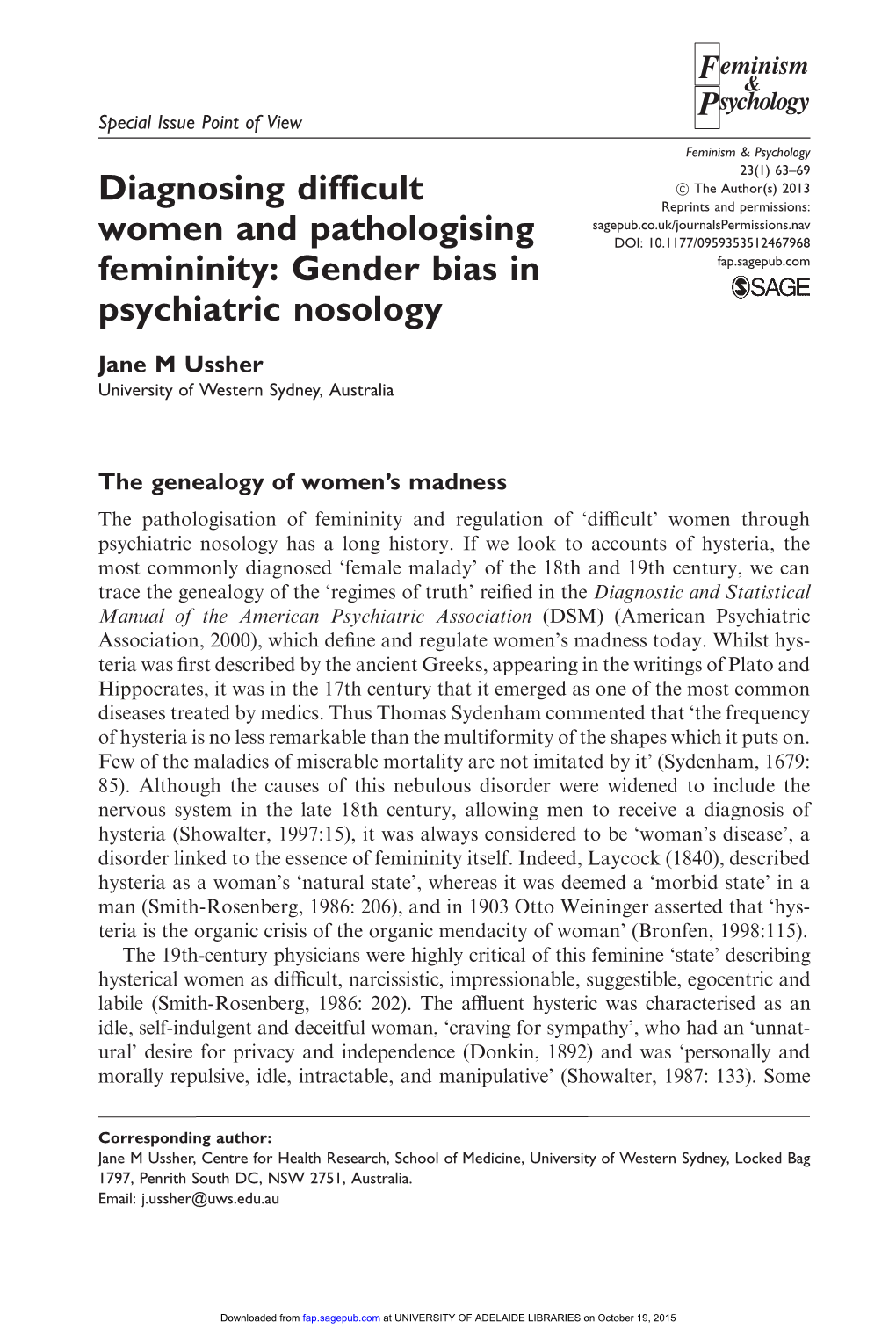 Diagnosing Difficult Women and Pathologising Femininity: Gender Bias in Psychiatric Nosology