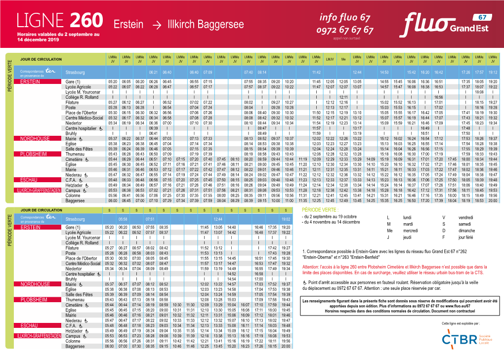 LIGNE 260 Erstein Illkirch Baggersee Horaires Valables Du 2 Septembre Au 0972 67 67 67 14 Décembre 2019 Appel Non Surtaxé