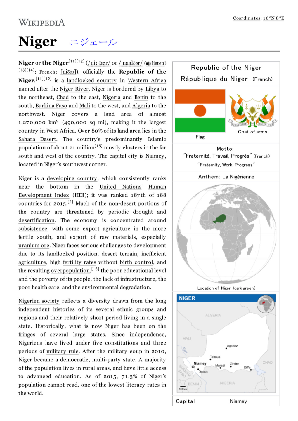 French: [Niʒɛʁ]), Officially the Republic of the Niger,[11][12] Is a Landlocked Country in Western Africa République Du Niger (French) Named After the Niger River