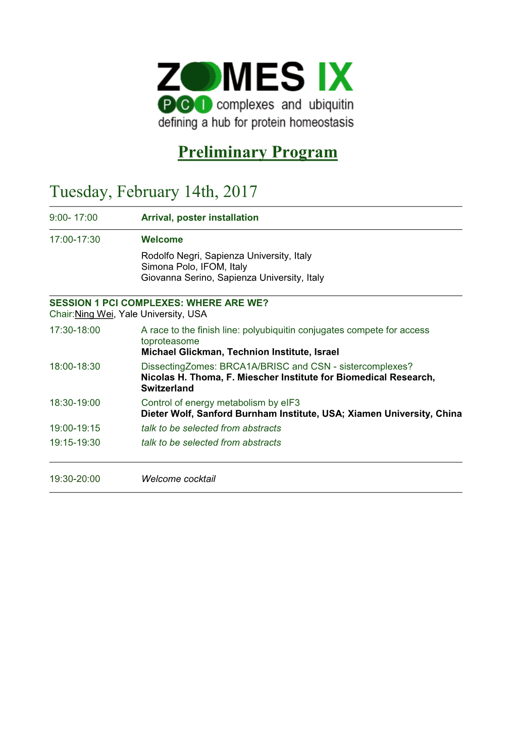 Preliminary Program Tuesday, February 14Th, 2017