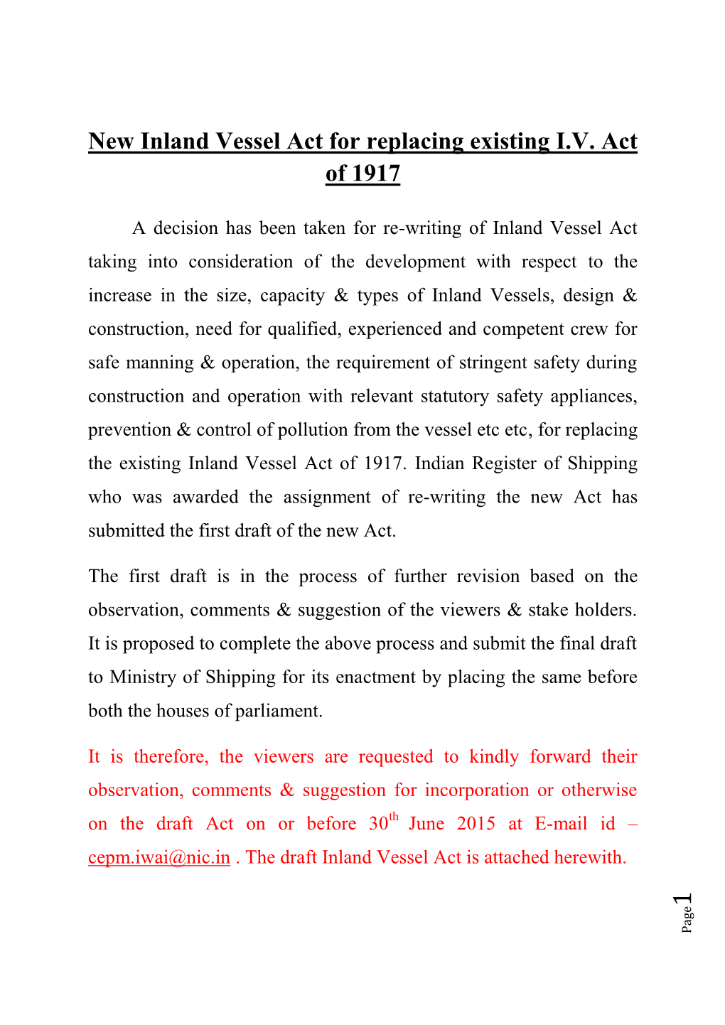 New Inland Vessel Act for Replacing Existing I.V. Act of 1917