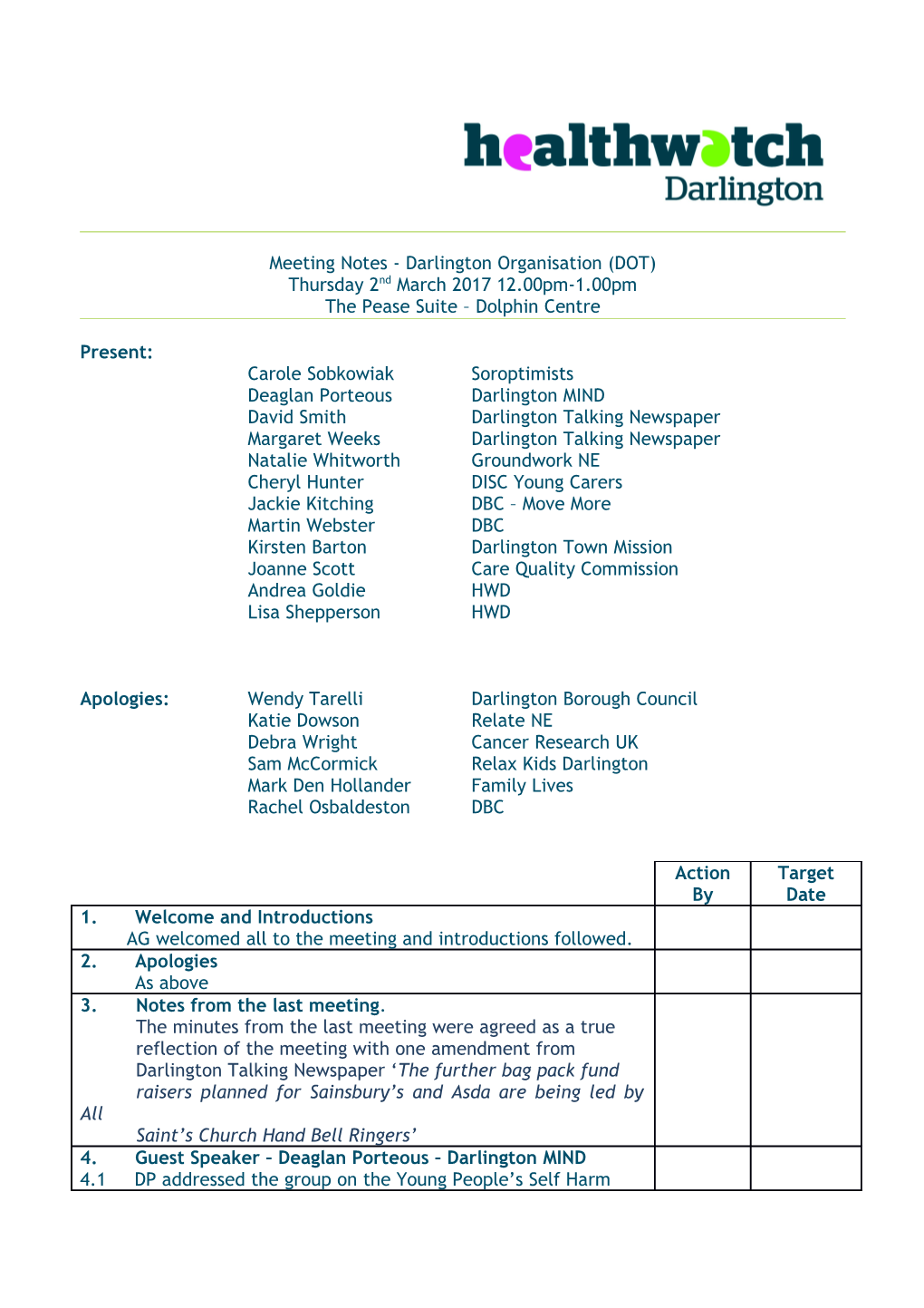 Meeting Notes - Darlington Organisation (DOT)