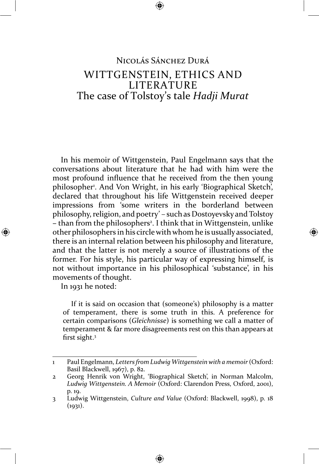 WITTGENSTEIN, ETHICS and LITERATURE the Case of Tolstoy's