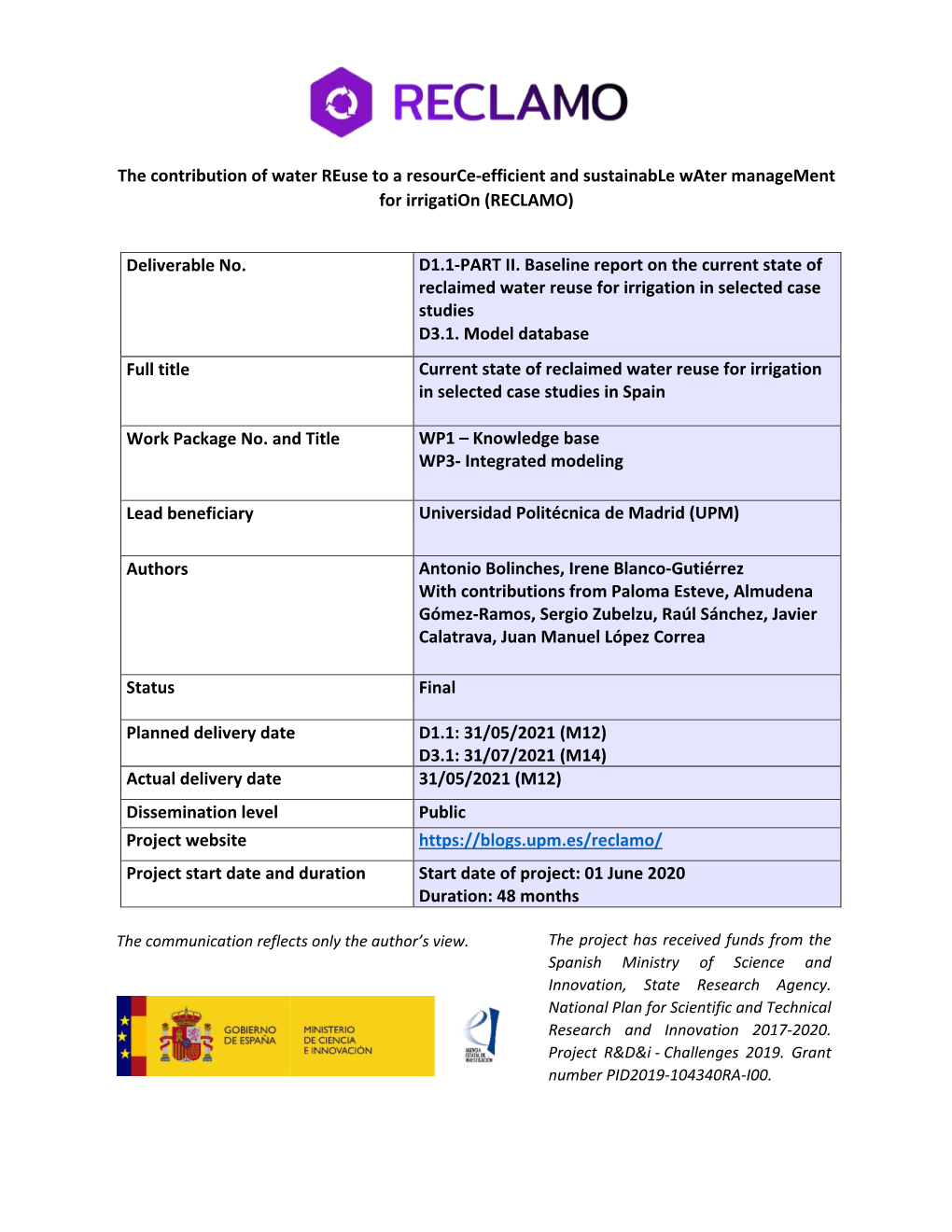 The Contribution of Water Reuse to a Resource-Efficient and Sustainable Water Management for Irrigation (RECLAMO)