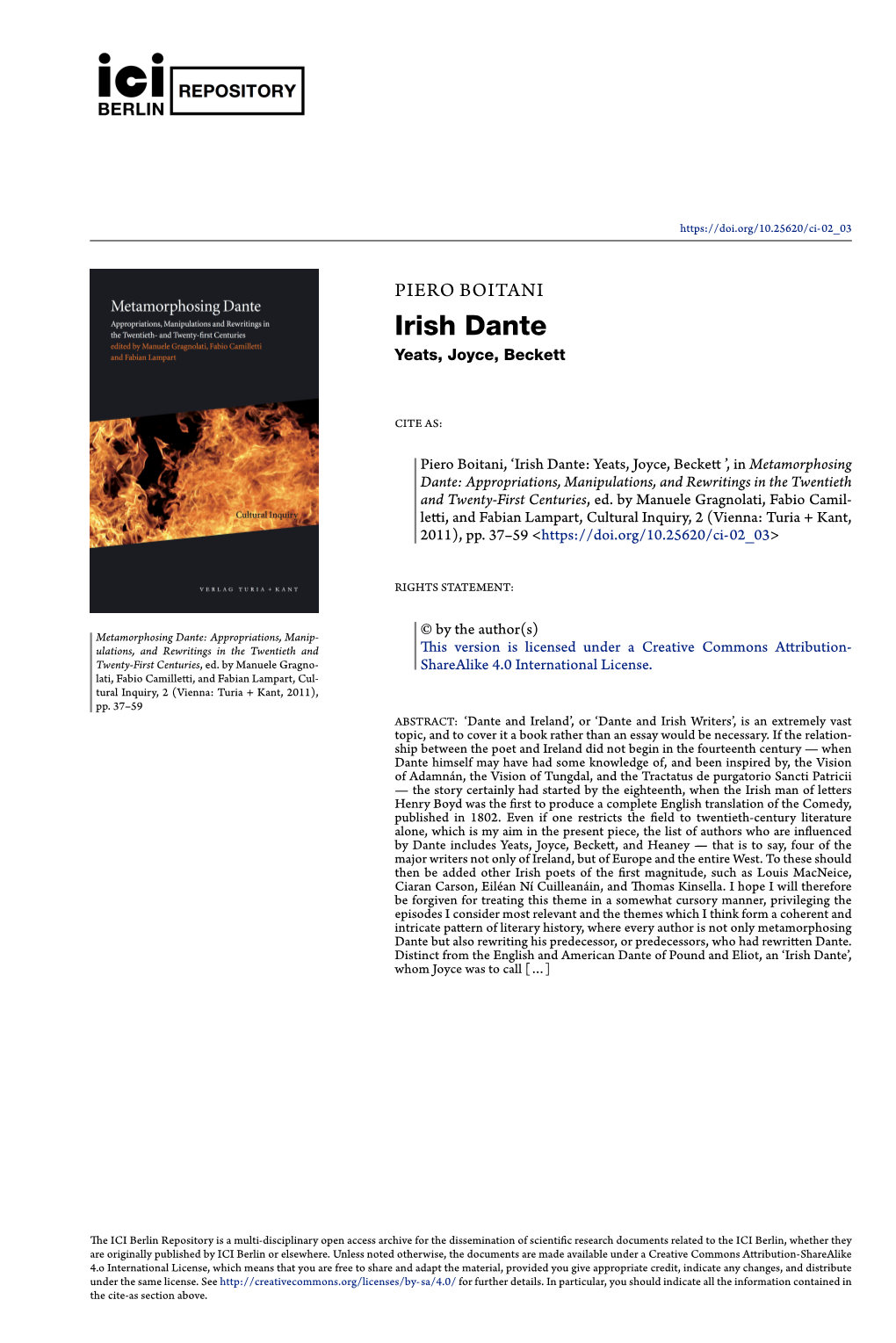 Irish Dante: Yeats, Joyce, Beckett ’, in Metamorphosing Dante: Appropriations, Manipulations, and Rewritings in the Twentieth and Twenty-First Centuries, Ed